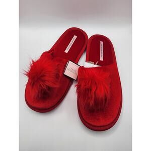 Victoria's Secret Red Velvet Pom-Pom Slippers Size Medium 7-8 NWT House Shoes
